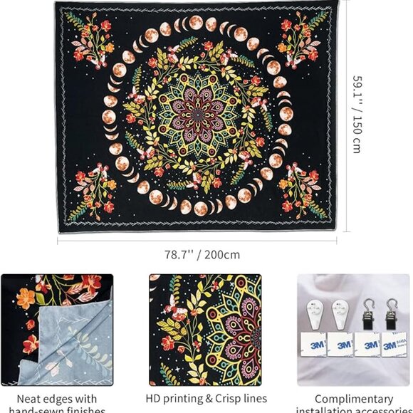 Floral Moon Phases Woven Jacquard Throw Blanket Tapestry 78.7''x59.1'' - Picture 6 of 6